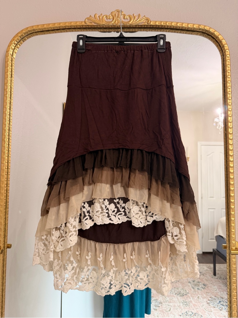 Boho High-Low Tiered Lace Skirt in Brown and Cream